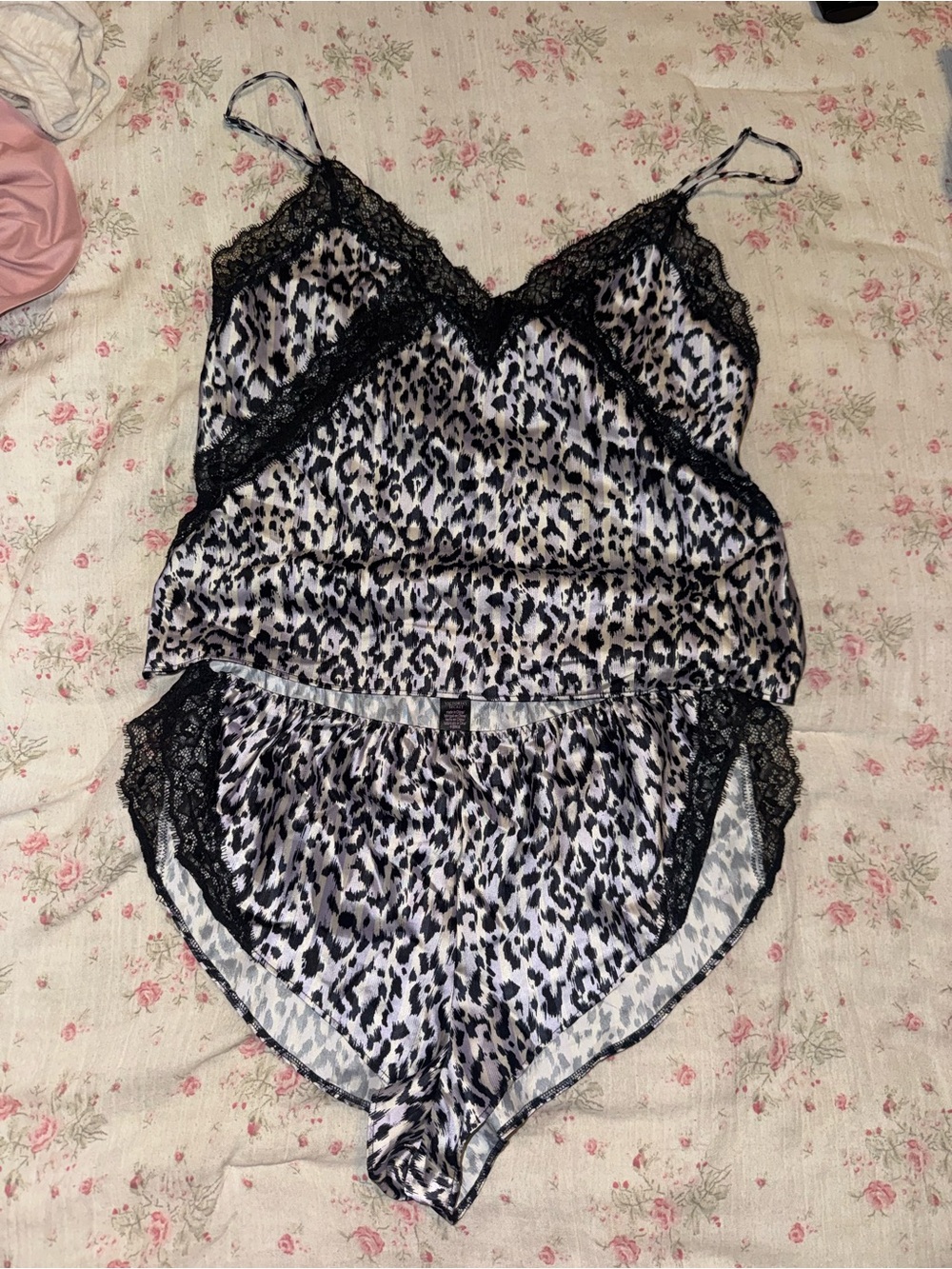 Victoria's Secret Black and White Leopard Satin Lace Pajama Set